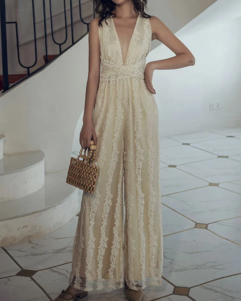 Elegant Lace V-neck  Cross Strap Backless Jumpsuit