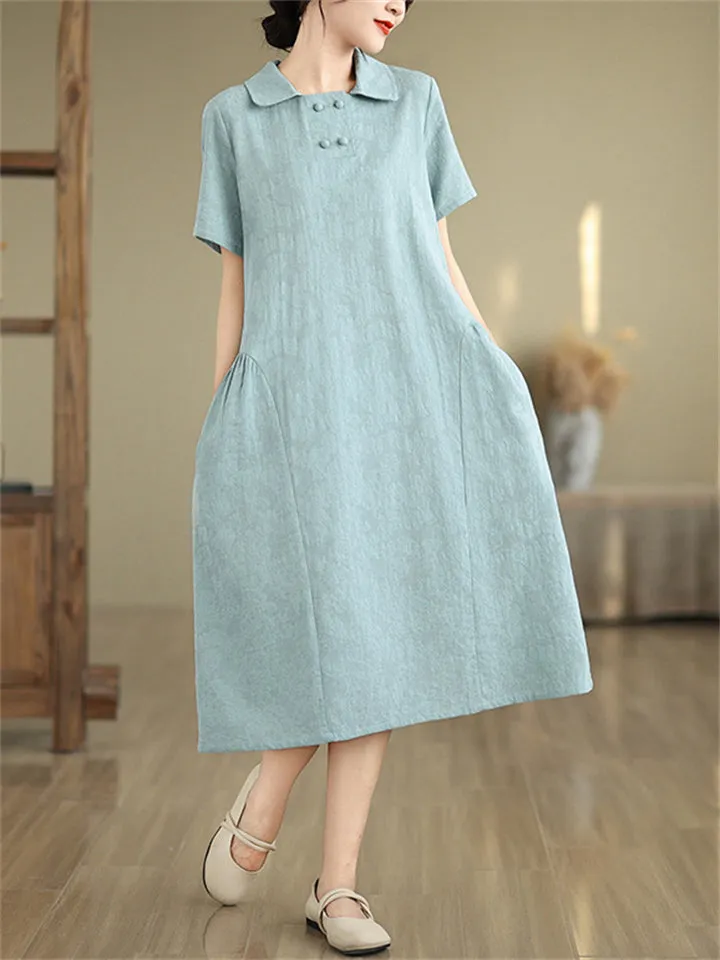 Elegant Lapel Short Sleeve Jacquard Dress for Women
