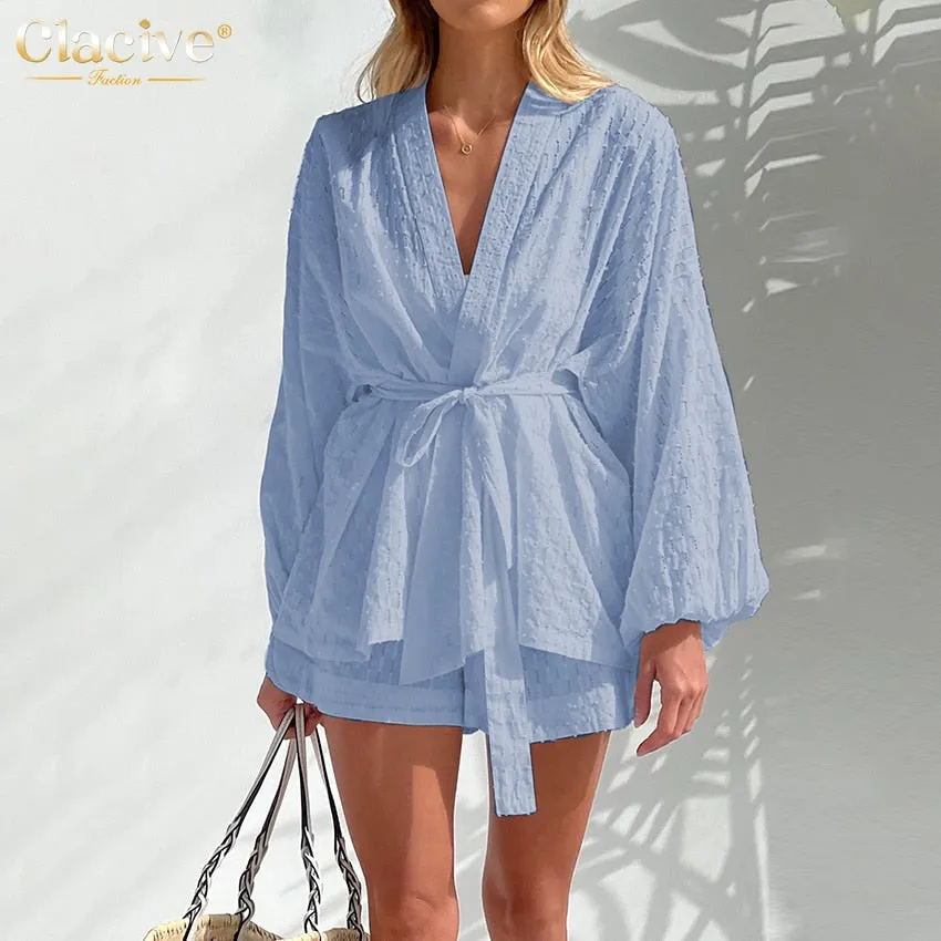 Elegant Long Sleeve Top Two Piece Sets Casual White Home Suit Elegant Shorts & Top
