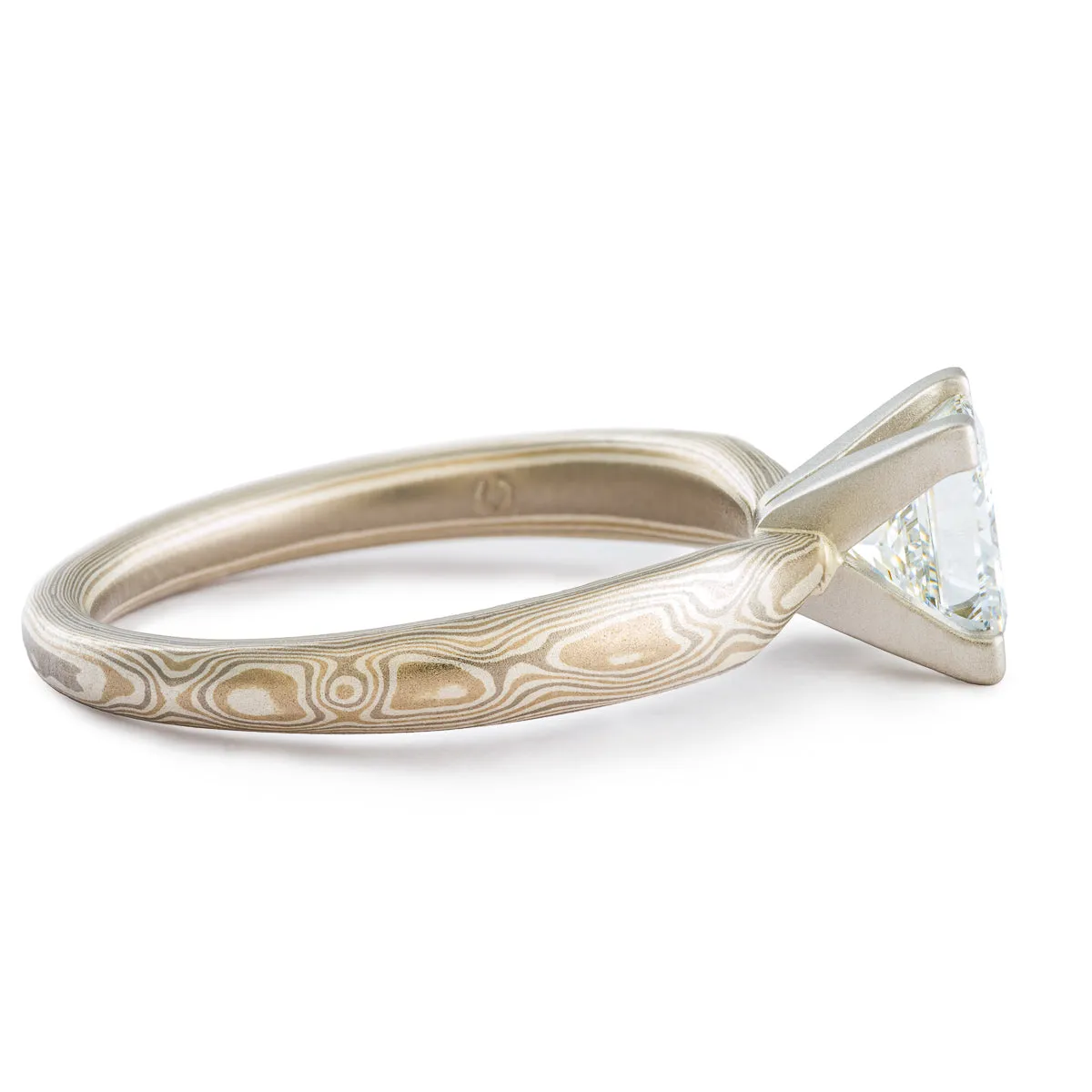 Elegant Mokume Gane Ring or Engagement Ring in Smoke Palette and Woodgrain Pattern with Square Diamond