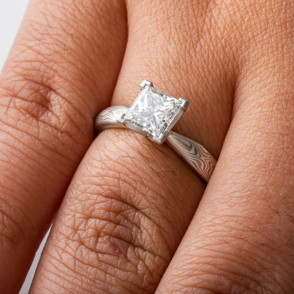 Elegant Mokume Gane Ring or Engagement Ring in Smoke Palette and Woodgrain Pattern with Square Diamond