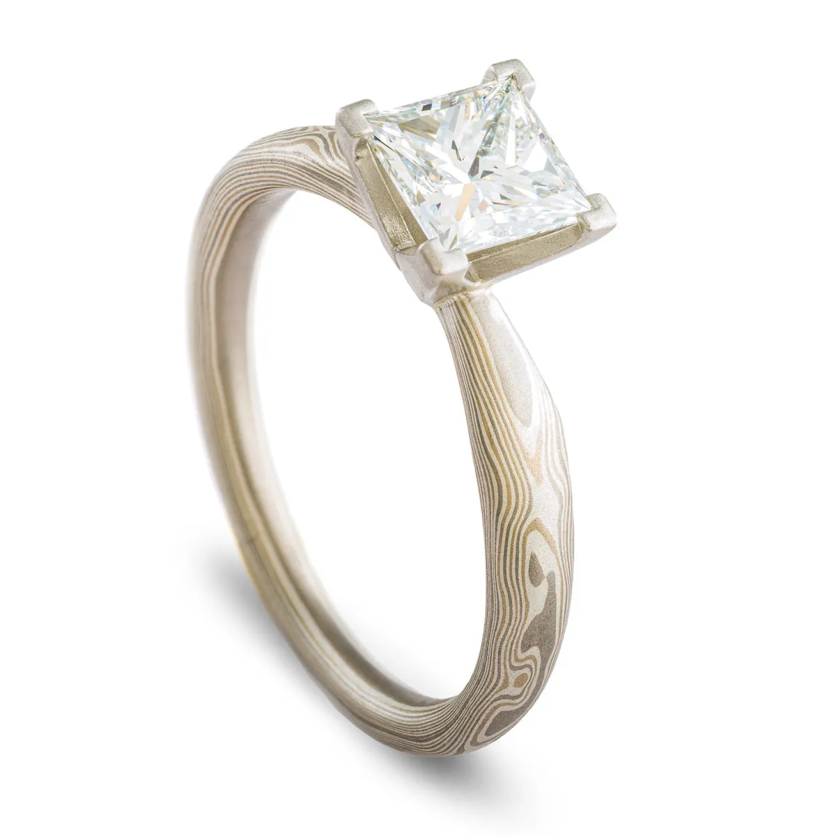 Elegant Mokume Gane Ring or Engagement Ring in Smoke Palette and Woodgrain Pattern with Square Diamond
