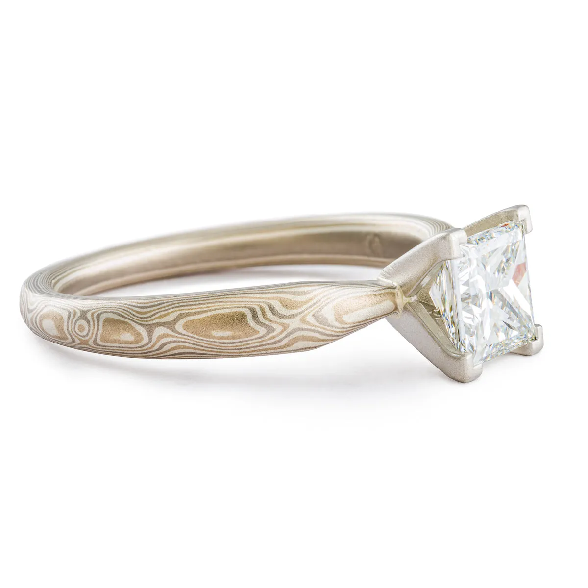 Elegant Mokume Gane Ring or Engagement Ring in Smoke Palette and Woodgrain Pattern with Square Diamond