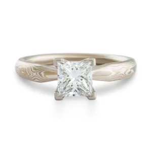 Elegant Mokume Gane Ring or Engagement Ring in Smoke Palette and Woodgrain Pattern with Square Diamond