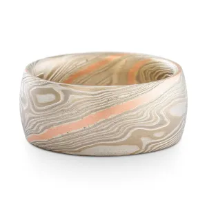Elegant Mokume Gane Ring or Wedding Band in Smoke Palette and Twist Pattern with Red Gold Stratum