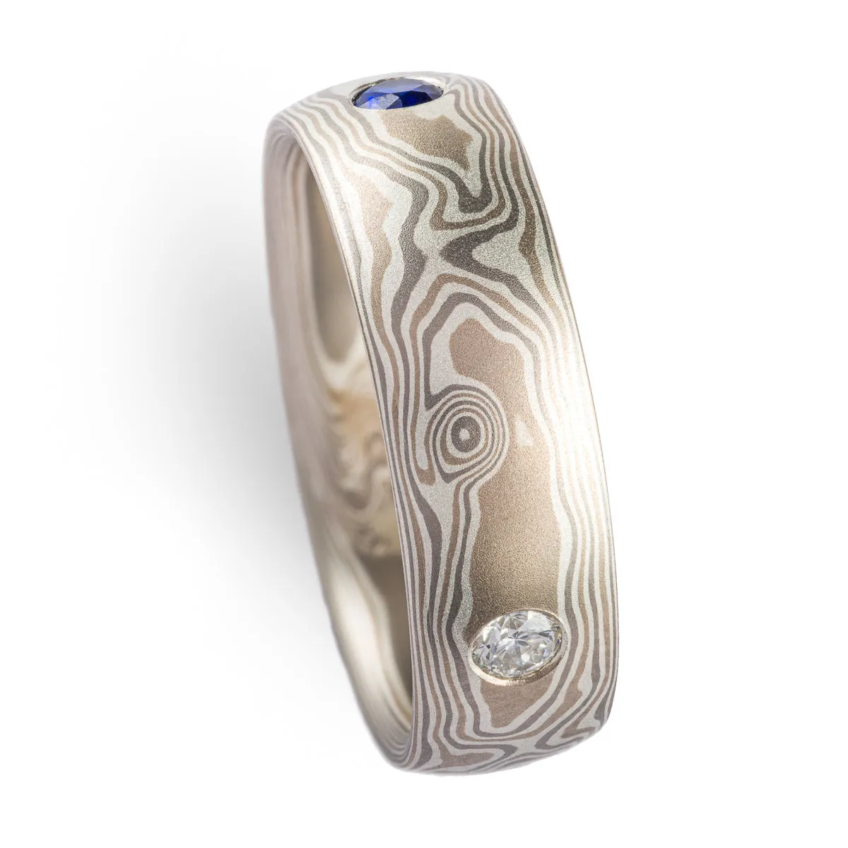 Elegant Mokume Gane Wedding Ring in Smoke Palette and Woodgrain with Flush Set Stones