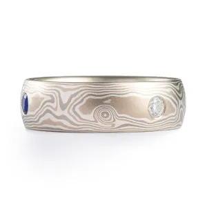 Elegant Mokume Gane Wedding Ring in Smoke Palette and Woodgrain with Flush Set Stones