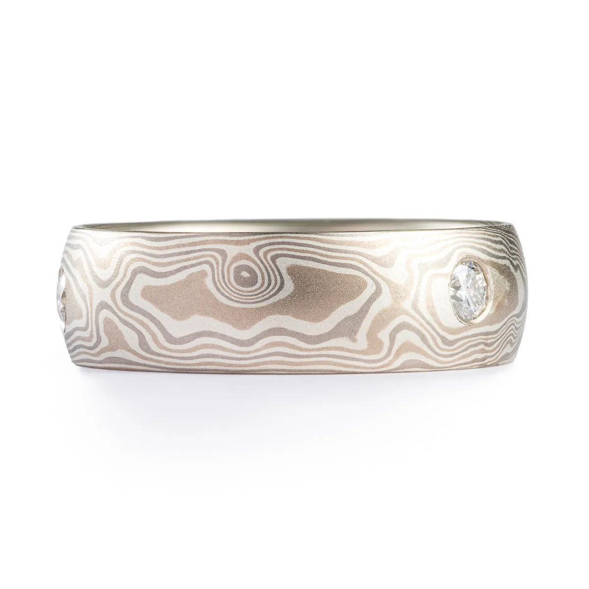 Elegant Mokume Gane Wedding Ring in Smoke Palette and Woodgrain with Flush Set Stones