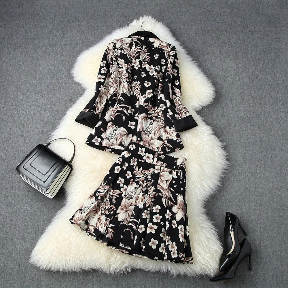 Elegant Printing Single Button Elastic Waist Suit Mini Pleated Skirt Two-piece Set