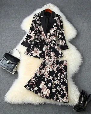 Elegant Printing Single Button Elastic Waist Suit Mini Pleated Skirt Two-piece Set