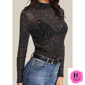 Elegant Sheer Star Patterned Long Sleeve Top