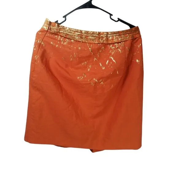 Elie Tahari Womens Skirt Side Zip Lined Flare Orange Metallic Gold Trim Size 10