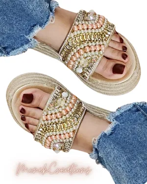 Embellished Rose Pearls Flat Espadrille Sandals