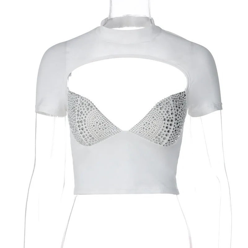 European and American Style Foreign Trade Women's Clothing2023Summer New Sexy Low-Cut Personality Rhinestone round Neck Short SleeveTT-shirt Top