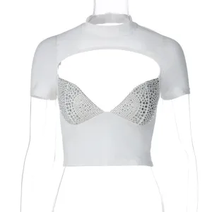 European and American Style Foreign Trade Women's Clothing2023Summer New Sexy Low-Cut Personality Rhinestone round Neck Short SleeveTT-shirt Top