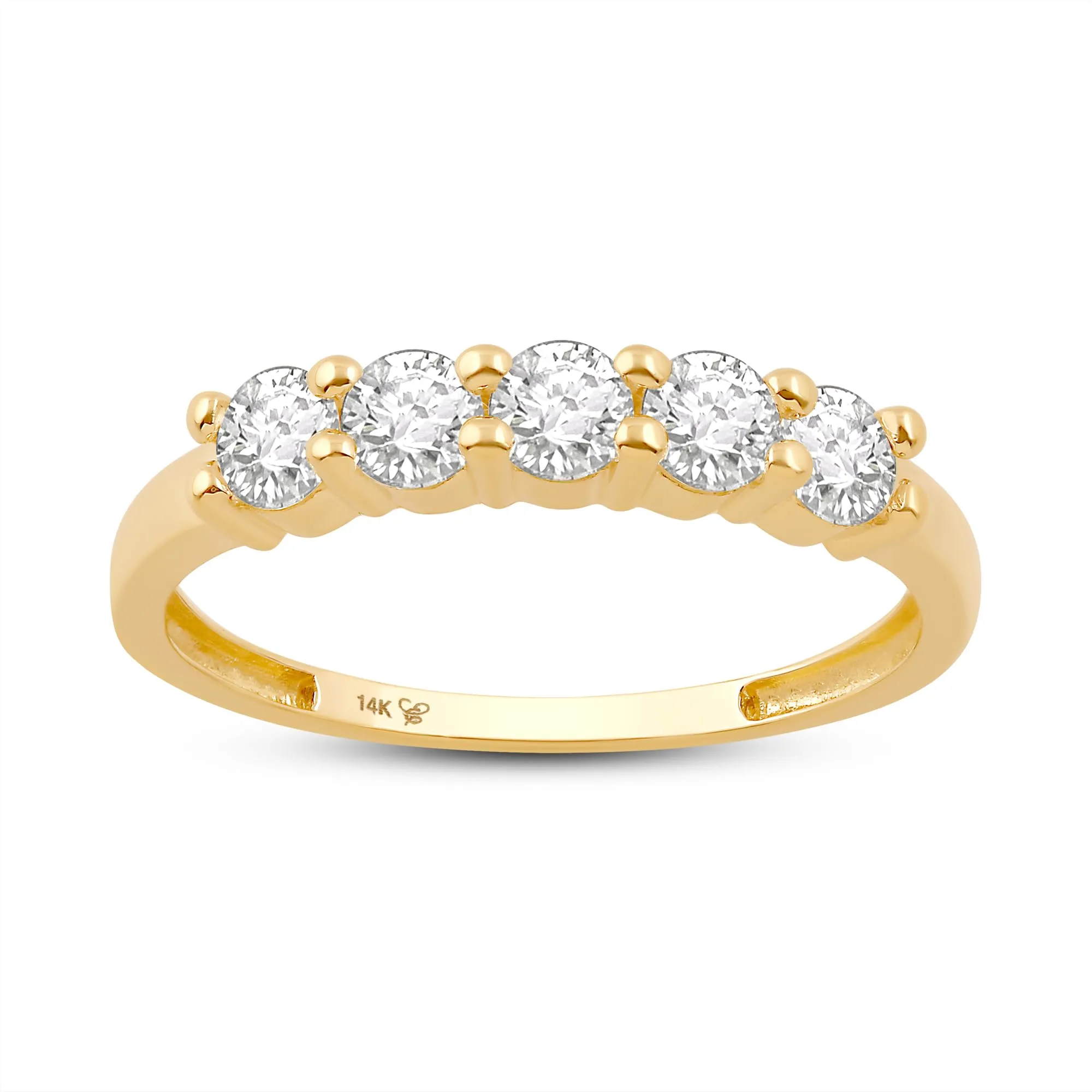 Everyday Elegance 5 Stone Wedding Anniversary Ring Band for Women in 14K Yellow Gold, 1.20 CTTW Round Cut Cubic Zirconia
