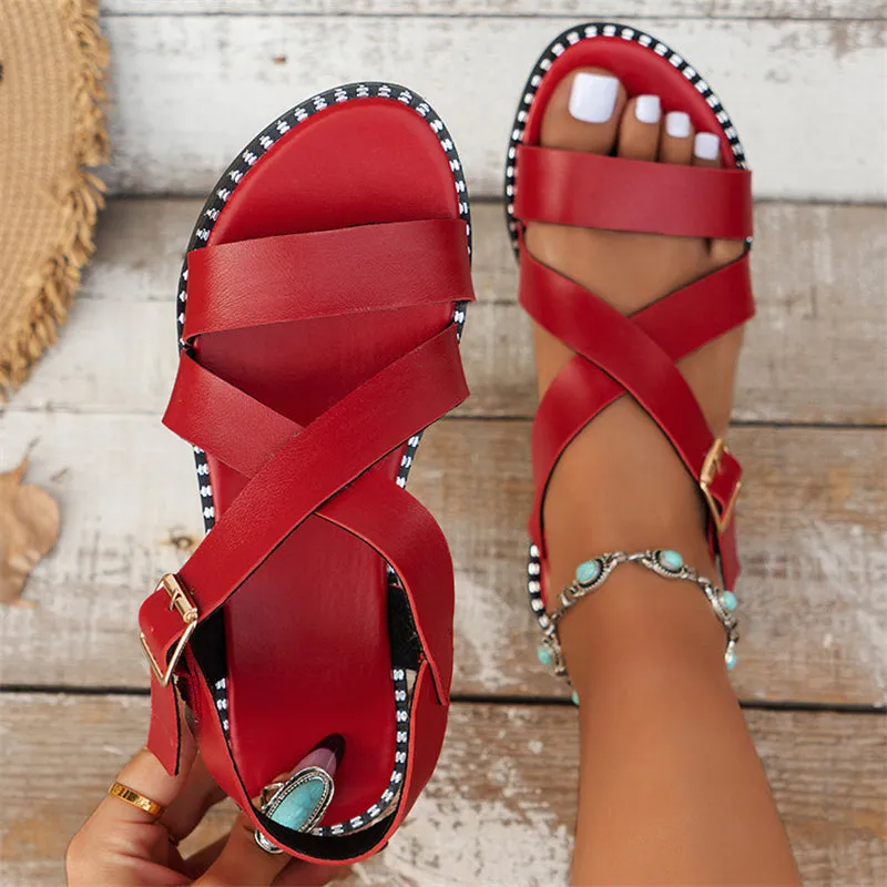 Female Buckle Crossover Strap Low Heel Flat Sandals