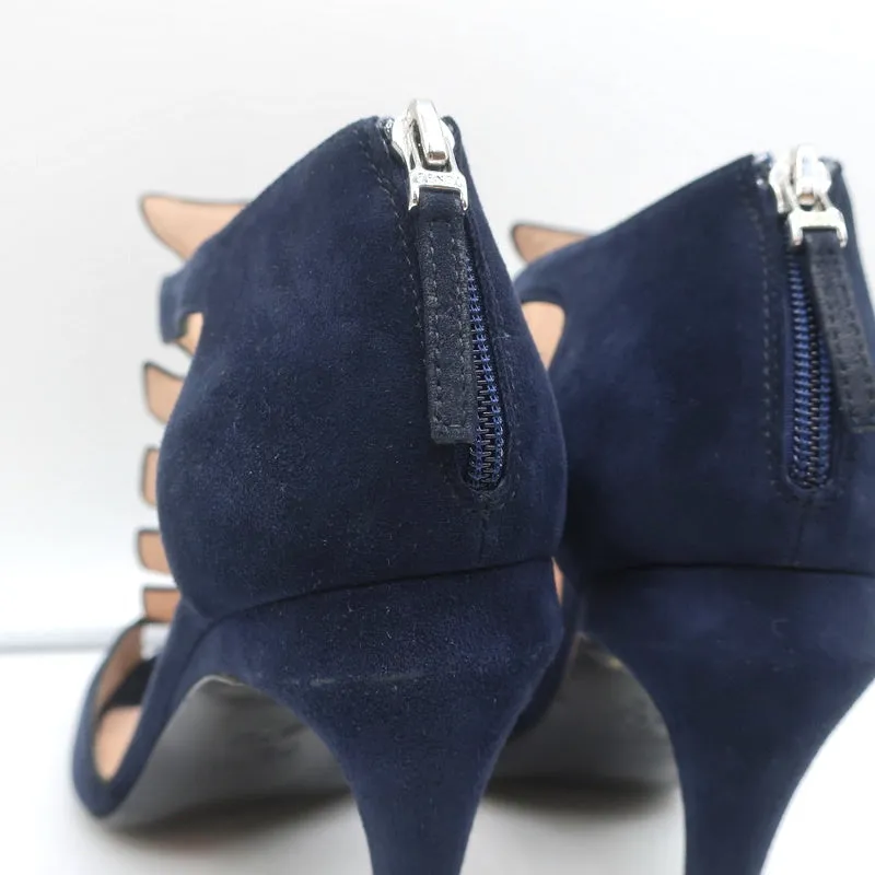 Fendi T-Strap Sandals Navy Suede & Leather Size 37.5 Peep Toe Heels