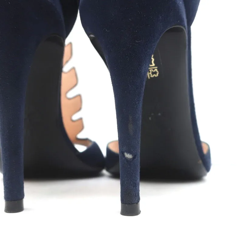 Fendi T-Strap Sandals Navy Suede & Leather Size 37.5 Peep Toe Heels
