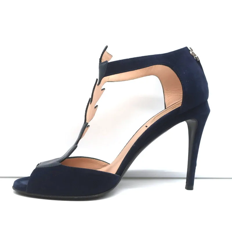 Fendi T-Strap Sandals Navy Suede & Leather Size 37.5 Peep Toe Heels