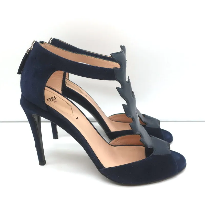 Fendi T-Strap Sandals Navy Suede & Leather Size 37.5 Peep Toe Heels
