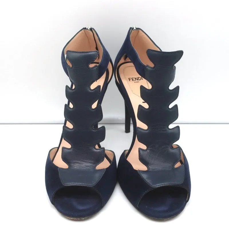 Fendi T-Strap Sandals Navy Suede & Leather Size 37.5 Peep Toe Heels
