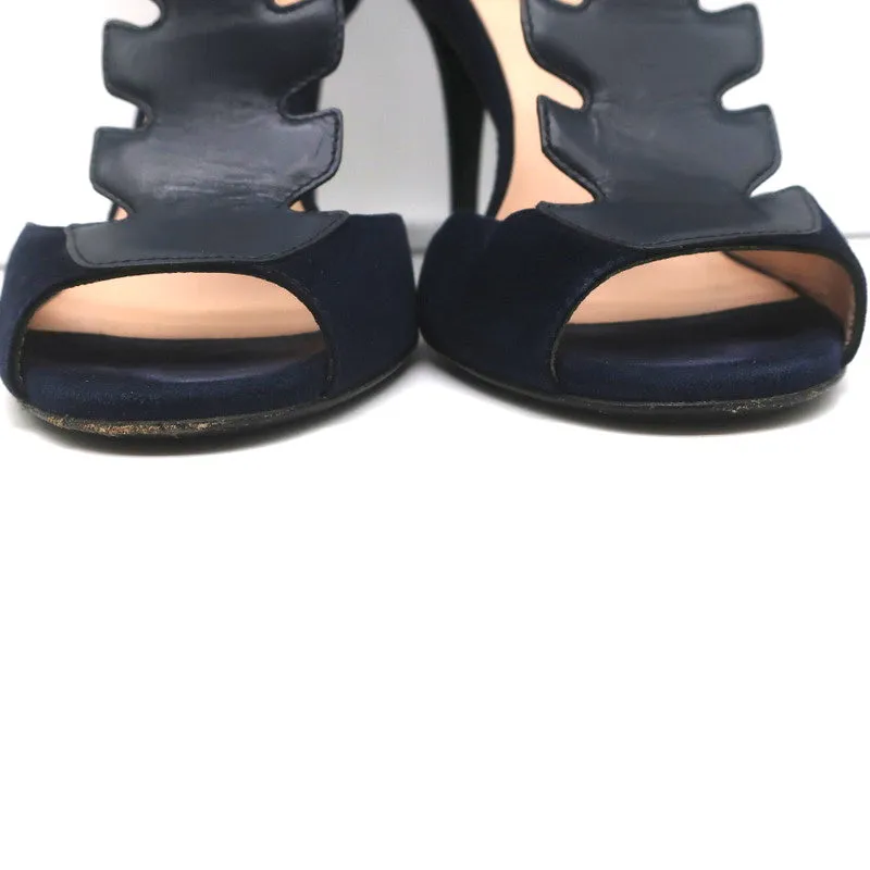 Fendi T-Strap Sandals Navy Suede & Leather Size 37.5 Peep Toe Heels