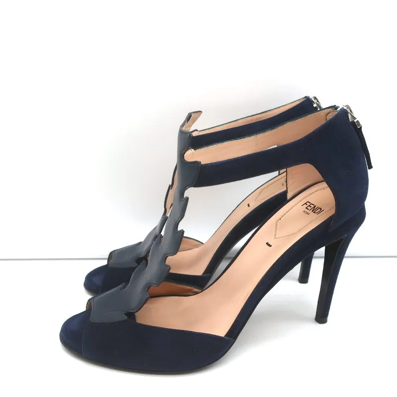 Fendi T-Strap Sandals Navy Suede & Leather Size 37.5 Peep Toe Heels