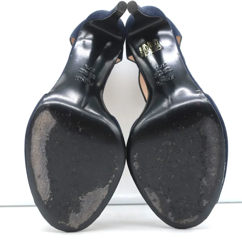 Fendi T-Strap Sandals Navy Suede & Leather Size 37.5 Peep Toe Heels