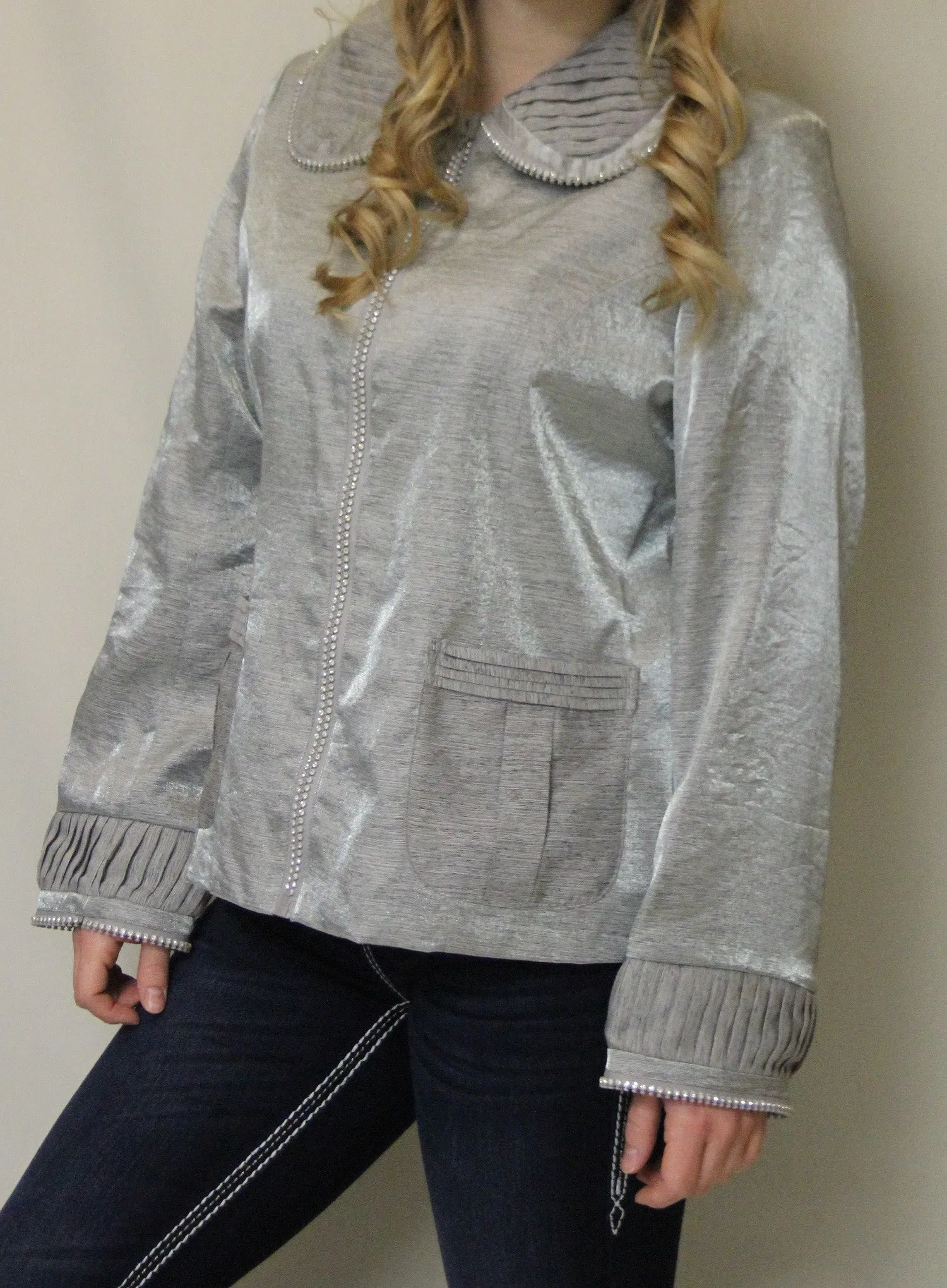Firmiana | Rhinestone Zip Up Jacket Silver