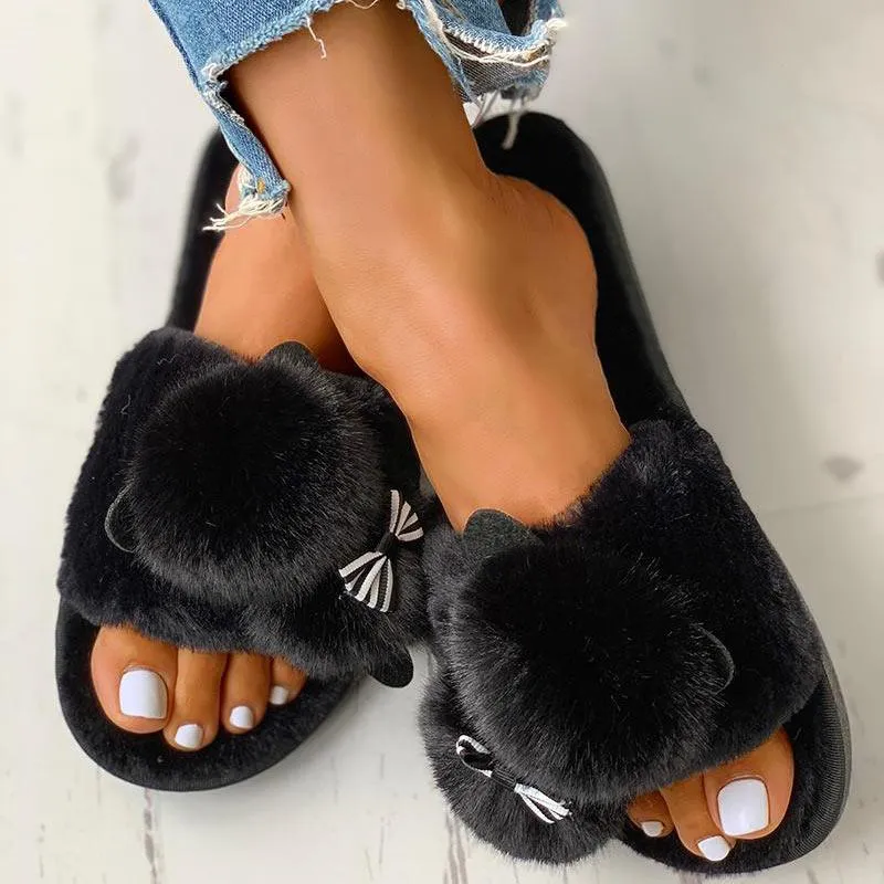 Fluffy Pom Pom Bowknot Embellished Open Toe Flat Slippers