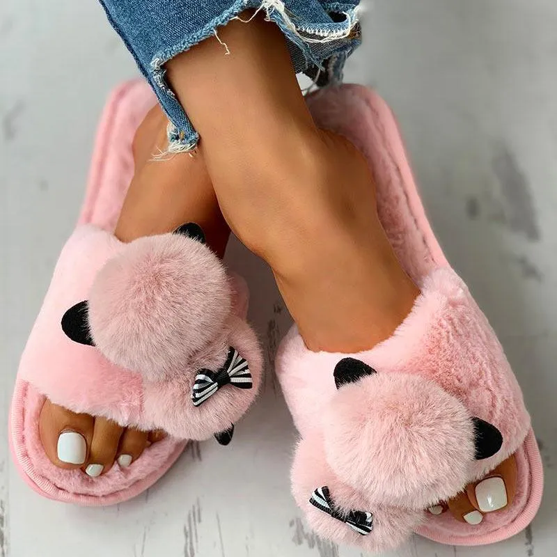 Fluffy Pom Pom Bowknot Embellished Open Toe Flat Slippers