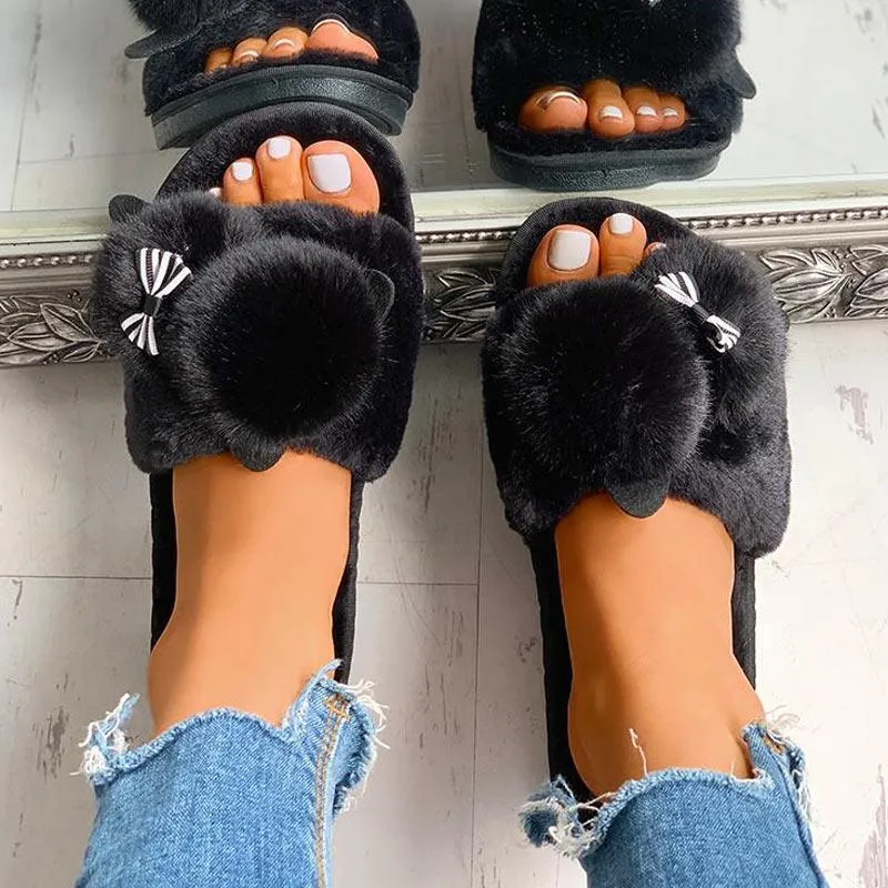 Fluffy Pom Pom Bowknot Embellished Open Toe Flat Slippers