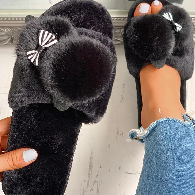 Fluffy Pom Pom Bowknot Embellished Open Toe Flat Slippers