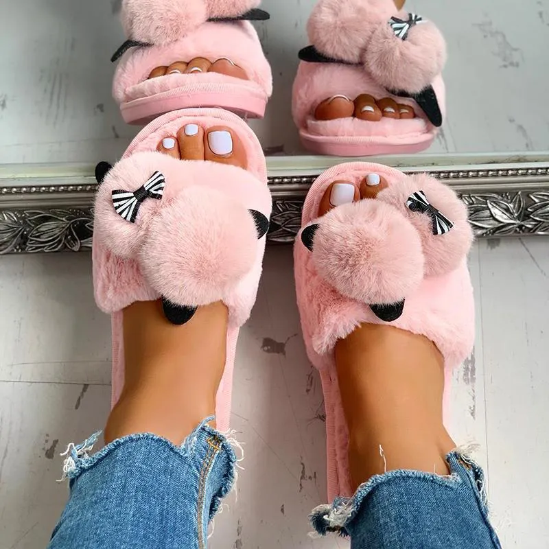 Fluffy Pom Pom Bowknot Embellished Open Toe Flat Slippers