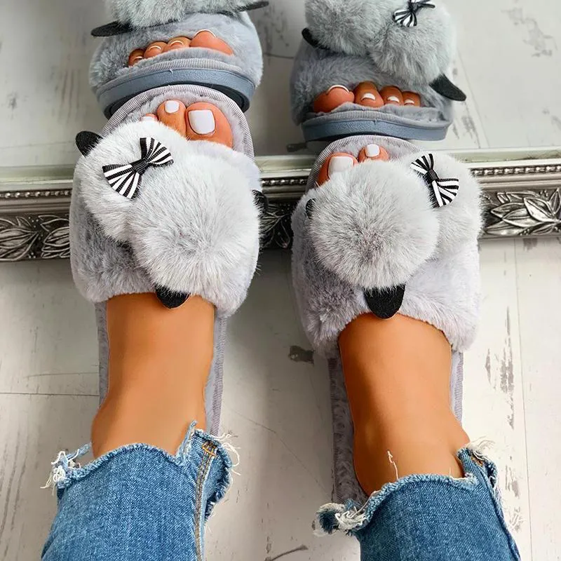 Fluffy Pom Pom Bowknot Embellished Open Toe Flat Slippers
