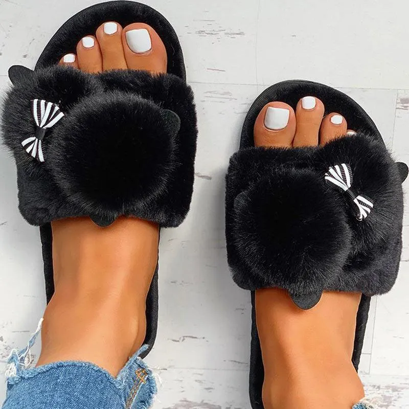 Fluffy Pom Pom Bowknot Embellished Open Toe Flat Slippers