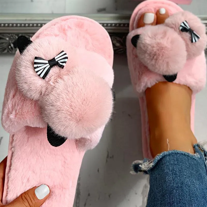 Fluffy Pom Pom Bowknot Embellished Open Toe Flat Slippers