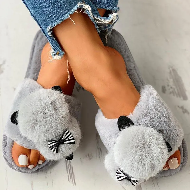 Fluffy Pom Pom Bowknot Embellished Open Toe Flat Slippers