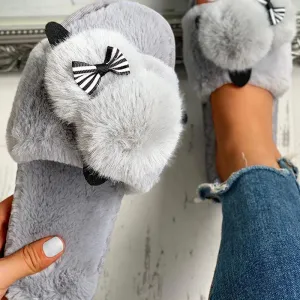 Fluffy Pom Pom Bowknot Embellished Open Toe Flat Slippers