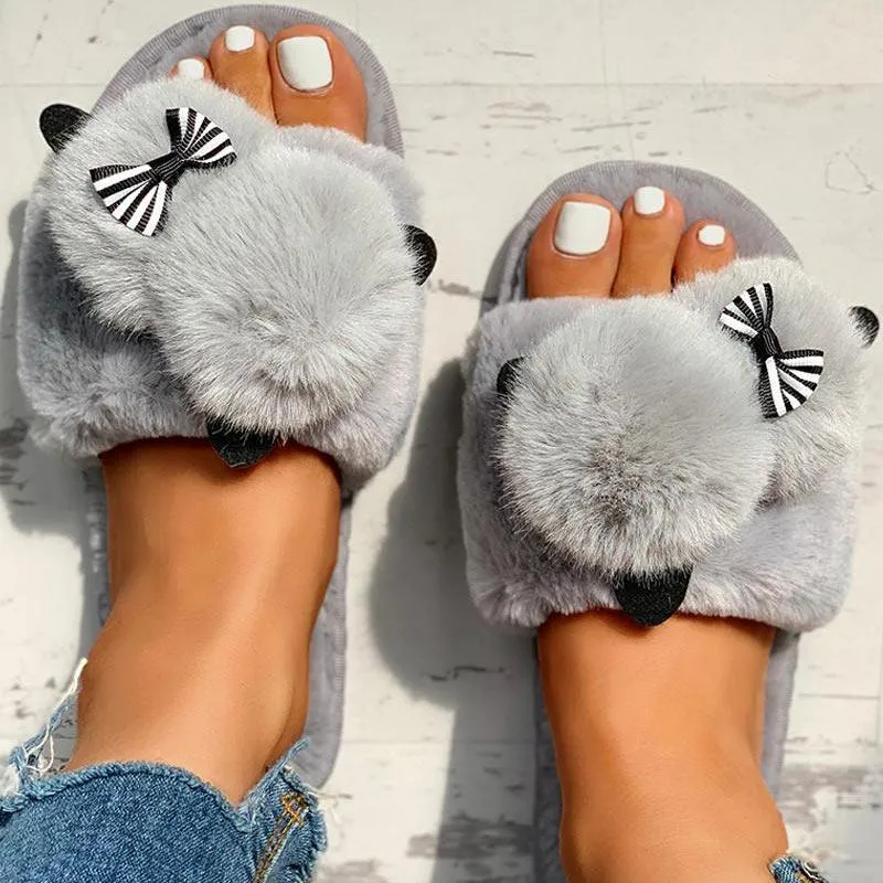Fluffy Pom Pom Bowknot Embellished Open Toe Flat Slippers