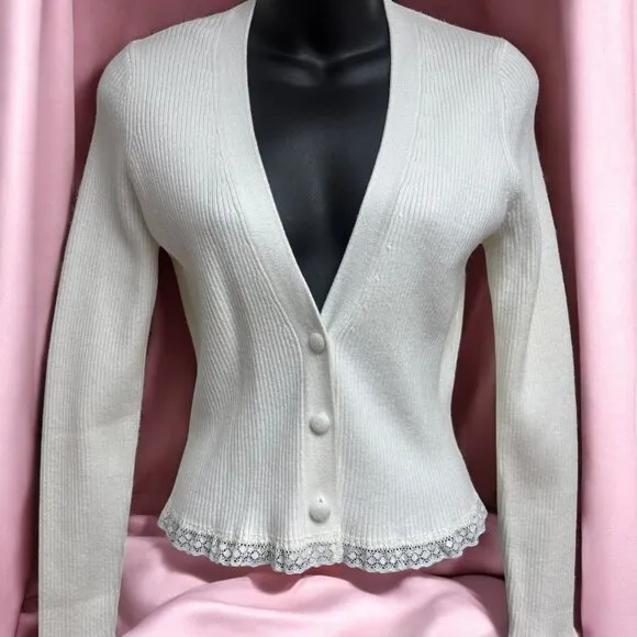 For Love &amp; Lemons Nina Ribbed Lace Trim Cropped Cardigan