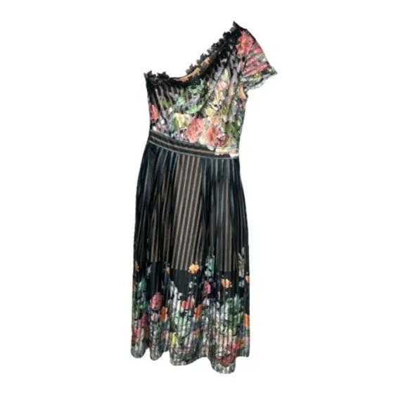 Foxiedox Womens Flora One Shoulder Midi Dress‎ Size 4 Multi Floral Striped NWT