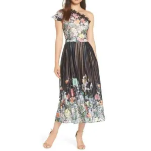 Foxiedox Womens Flora One Shoulder Midi Dress‎ Size 4 Multi Floral Striped NWT