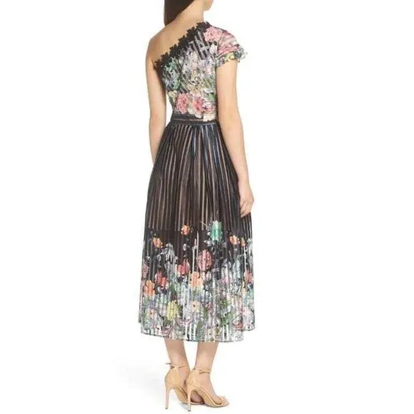 Foxiedox Womens Flora One Shoulder Midi Dress‎ Size 4 Multi Floral Striped NWT