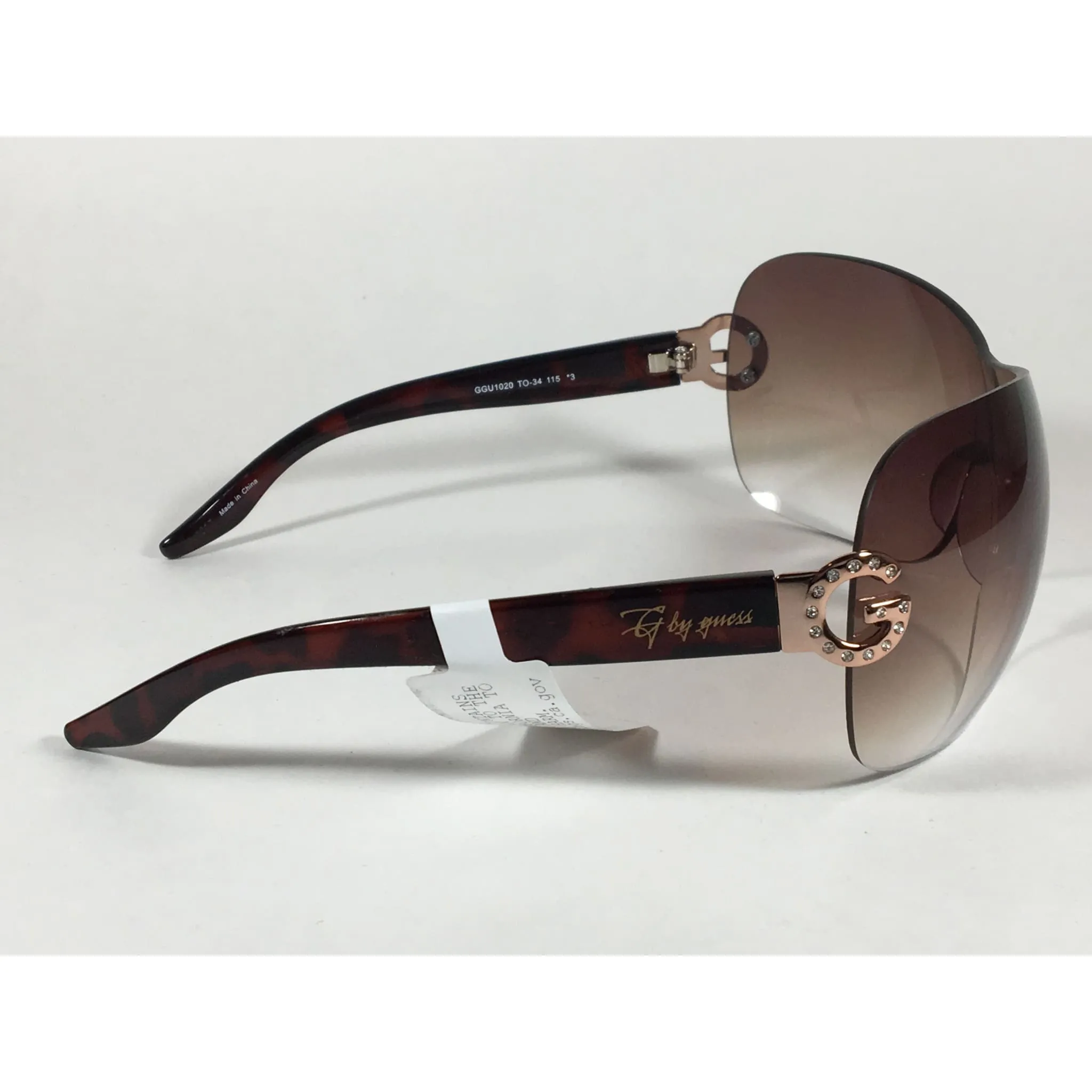 G By Guess Shield Sunglasses Brown Tortoise Gradient Lens Rhinestone Temples GGU1020 TO-34