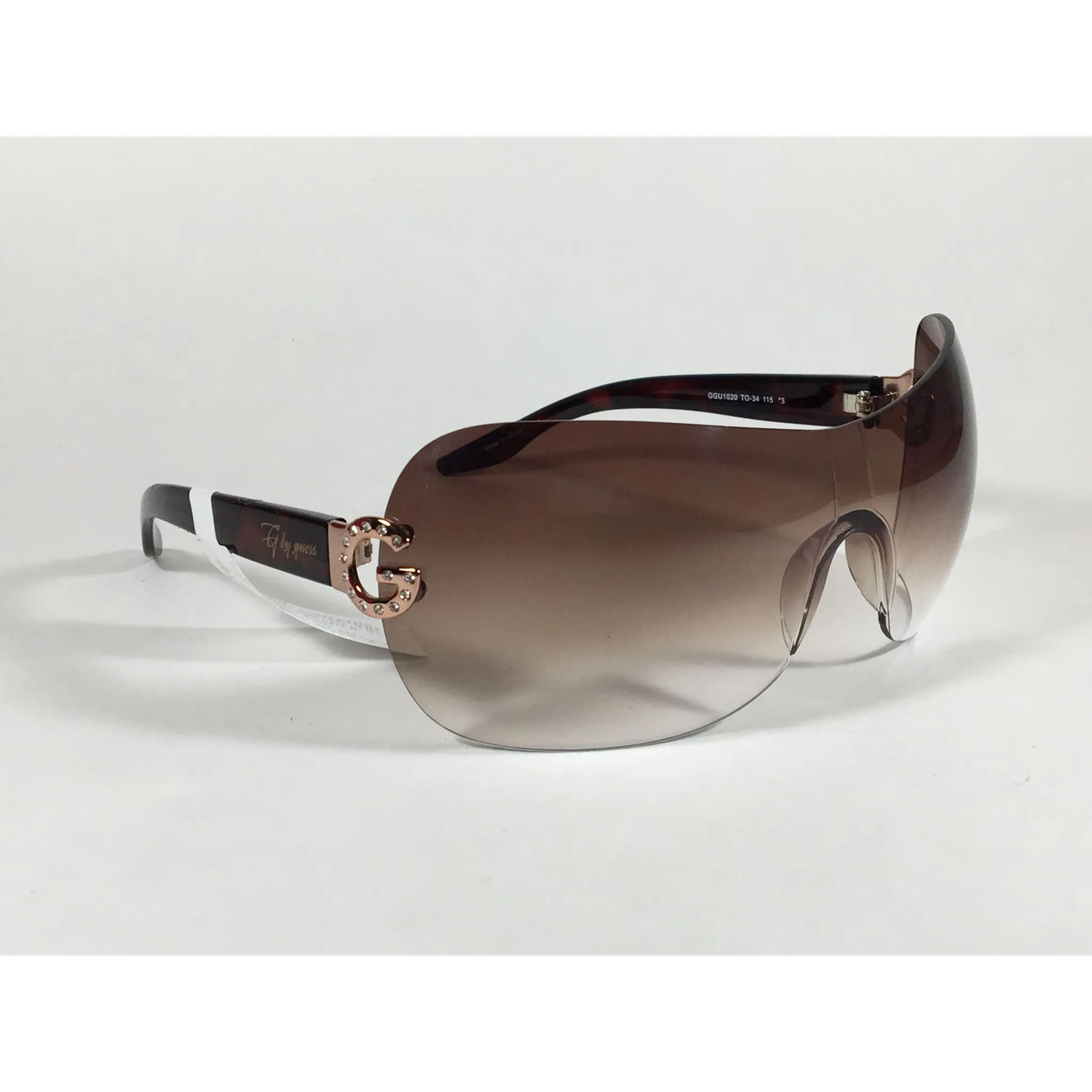 G By Guess Shield Sunglasses Brown Tortoise Gradient Lens Rhinestone Temples GGU1020 TO-34