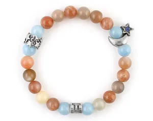 Gemini zodiac sign bracelet with natural peach moonstone and aquamarine beads