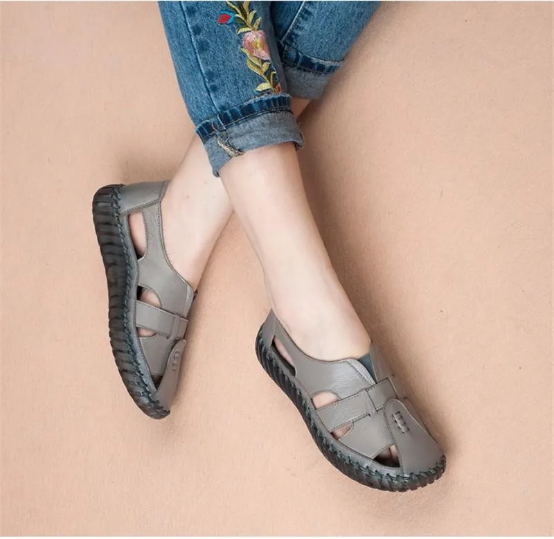 Genuine Leather Handmade Sandals Retro Style Mother Flats Shoes