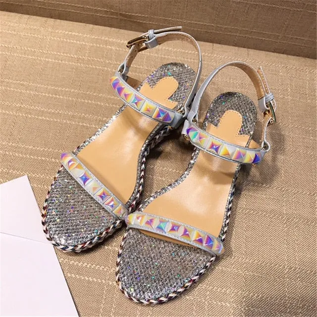 Genuine Leather Women's Sandals Luxury Brand Designer Fashion Soft Light Rivet Sweet Women's Shoes Multi-coloured Ladies Shoes